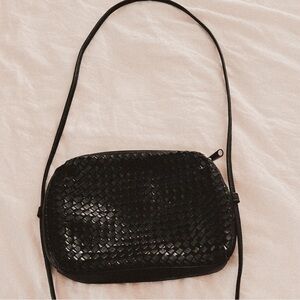 Vintage black soft vegan minimal leather Woven weaved adjustable Crossbody Bag